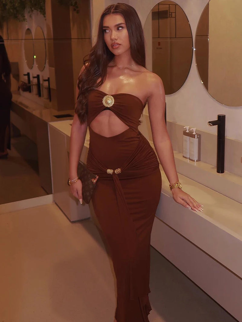 Women's Hollow Out Backless Maxi Dress - Summer Off-Shoulder Strapless Sleeveless Ruched Long Gown for Club Wear