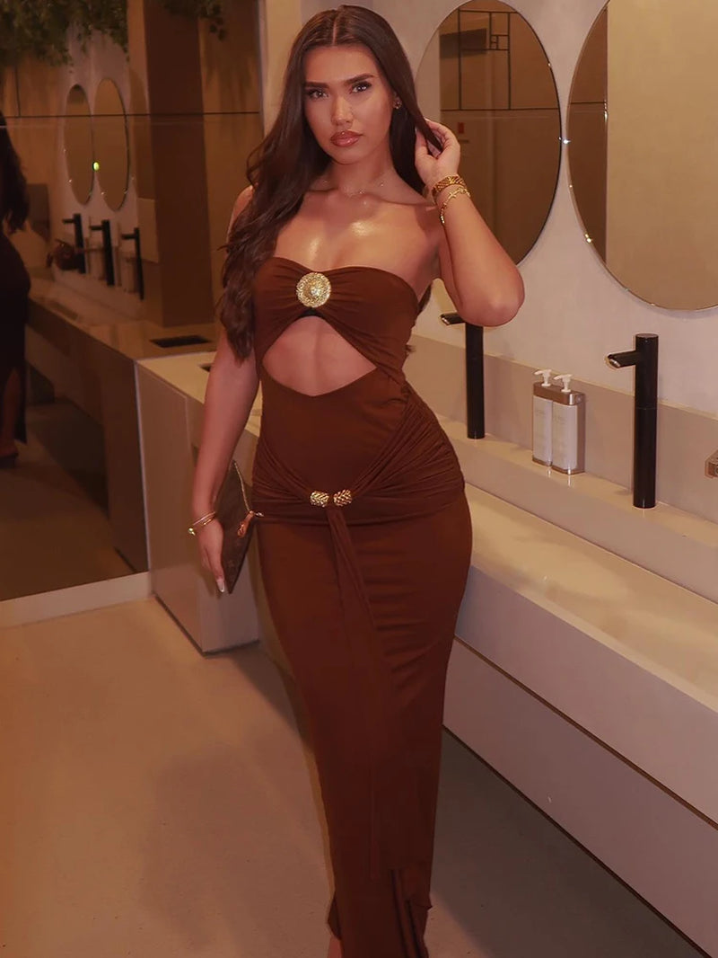 Women's Hollow Out Backless Maxi Dress - Summer Off-Shoulder Strapless Sleeveless Ruched Long Gown for Club Wear